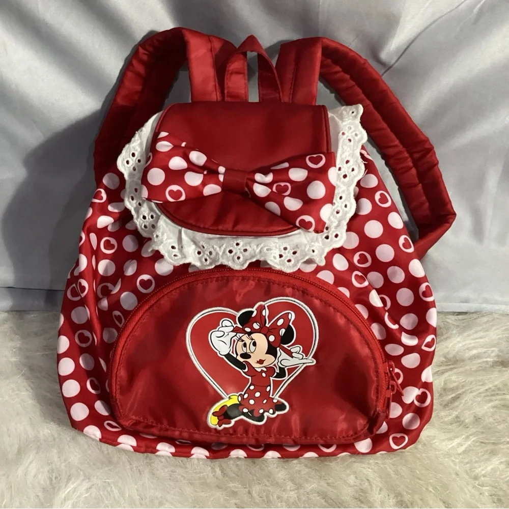 Disney Parks Minnie Mouse Red White Dots Poly Backpack Lace Elastic Cuteness